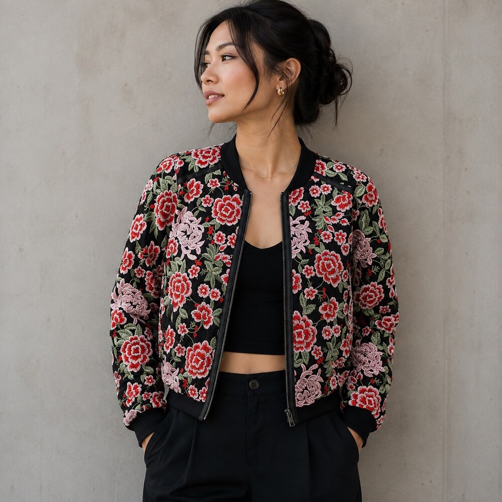 Dolce Cabo Womens M Black Floral Embroidered Bomber Jacket Full Zip MPN 72059